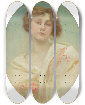 Triptych art skateboard deck of Alphonse Mucha Portrait Of A Young Woman In Folk Costume by Alphonse Mucha (1860-1939)