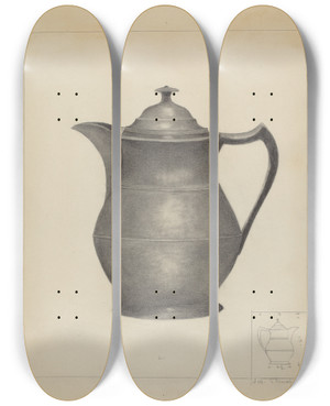 Triptych art skateboard deck of Joseph Stonefield Pewter Covered Water Pitcher by Joseph Stonefield