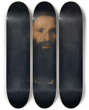 Triptych art skateboard deck of Titian Portrait Of Pietro Aretino by Titian (1488-1576)