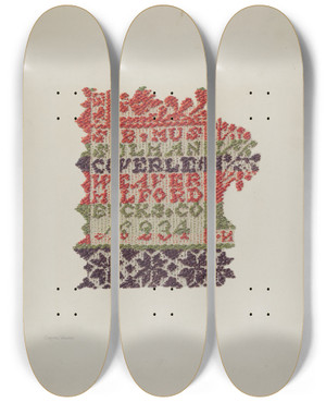 Triptych art skateboard deck of Carmel Wilson Coverlet by Carmel Wilson