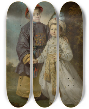 Triptych art skateboard deck of Tilly Kettle Portrait Of Two Children Ineastern Costumes by Tilly Kettle (1735-1786)