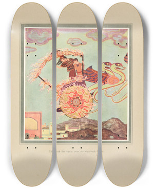 Triptych art skateboard deck of Edmund Dulac She Shook Her Hands Over The Multitude Below by Edmund Dulac (1882-1953)