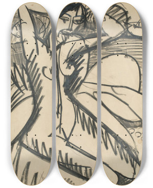 Triptych art skateboard deck of Ernst Ludwig Kirchner Am Strand Sitzender by Ernst Ludwig Kirchner (1880-1938)