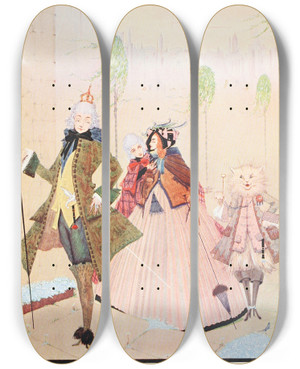 Triptych art skateboard deck of Harry Clarke The Marquis Gave His Hand To The Princess And Followed The Klng Who Went Up First by Harry Clarke (1889-1931)