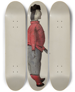 Triptych art skateboard deck of Jane Iverson Knitted Doll_1 by Jane Iverson