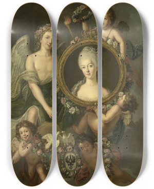 Triptych art skateboard deck of Friedrich Reclam Portrait Of Wilhelmina Of Prussia In A Medallion With Allusions To Her Marriage To Prince William V On 4 October 1767 In Berlin Frederika Sophia Wilhelmina by Friedrich Reclam (1734-1774)