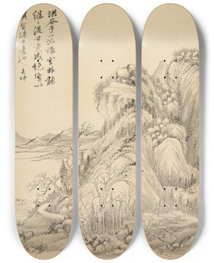 Triptych art skateboard deck of Tsubaki Chinzan Dwellings Beneath Folded Hills by Tsubaki Chinzan (1801-1854)