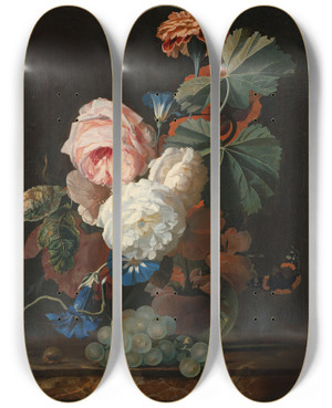 Triptych art skateboard deck of Simon Verelst Roses Columbine And Poppies In A Glass Vase On A Marble Ledge With Some Grapes by Simon Verelst (1644-1721)
