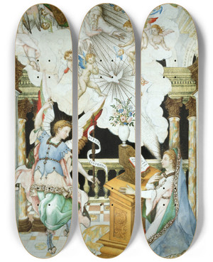 Triptych art skateboard deck of Luis Lagarto The Annunciation by Luis Lagarto (1556-1620)