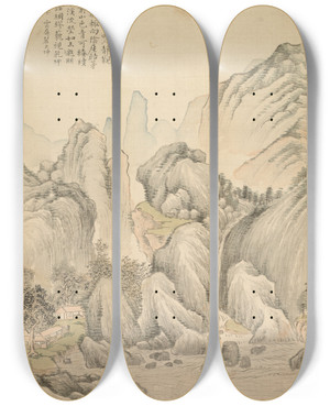 Triptych art skateboard deck of Tsubaki Chinzan Folded Hills And Layered Peaks by Tsubaki Chinzan (1801-1854)