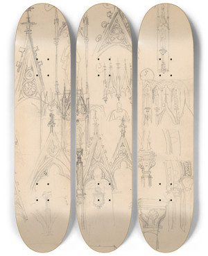 Triptych art skateboard deck of Jzef Simmler Sketches Of Gothic Architectural Details_1 by Jozef Simmler (1823-1868)