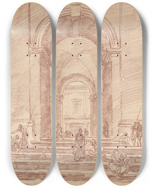 Triptych art skateboard deck of Hubert Robert Figures In A Roman Arcade by Hubert Robert (1733-1808)