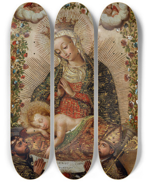 Triptych art skateboard deck of Cuzco School The Virgin Adoring The Christ Child With Two Saints by Cuzco School