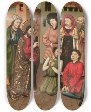 Triptych art skateboard deck of Master Of Saint Bartholomew Saint Bartholomew Exorcising by Master Of Saint Bartholomew (1450-1510)