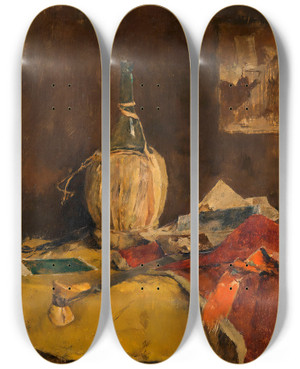 Triptych art skateboard deck of Fritz Rojka Stillleben Mit Chiantiflasche by Fritz Rojka (1878-1939)