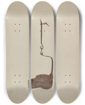 Triptych art skateboard deck of H Langden Brown Wrought Iron Betty Lamp by H Langden Brown