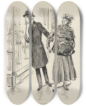 Triptych art skateboard deck of Charles Dana Gibson The Latest Things In Mens Styles by Charles Dana Gibson (1867-1944)