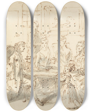 Triptych art skateboard deck of John Vanderbank Conversation Piece by John Vanderbank (1694-1739)