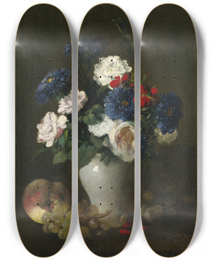 Triptych art skateboard deck of Antoine Vollon Assorted Flowers In A Vase With Grapes And A Peach On A Table by Antoine Vollon (1833-1900)