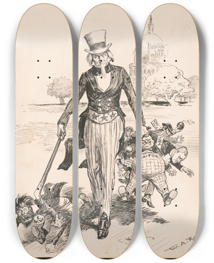 Triptych art skateboard deck of William Allen Rogers Now For A Roundup by William Allen Rogers (1854-1931)