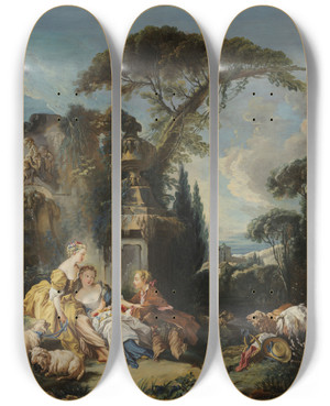 Triptych art skateboard deck of Franois Boucher Pastoral Scene_2 by Francois Boucher (1703-1770)