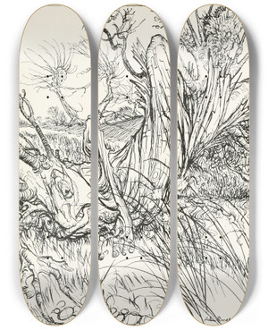 Triptych art skateboard deck of Arthur Rackham The Oak And The Reeds by Arthur Rackham (1867-1939)