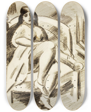 Triptych art skateboard deck of Carl Newman Seated Female Nude_3 by Carl Newman (1858-1932)