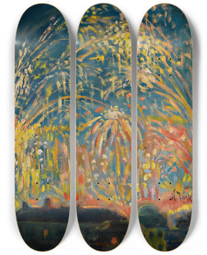 Triptych art skateboard deck of Nikolai Alexandrovich Tarkhov Fireworks In Nice by Nikolai Alexandrovich Tarkhov (1871-1930)