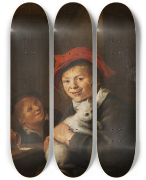 Triptych art skateboard deck of Jan Miense Molenaer Two Boys Playing With A Cat by Jan Miense Molenaer (1610-1668)