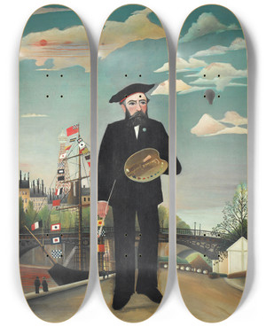 Triptych art skateboard deck of Henri Rousseau Myself Portrait Landscape by Henri Rousseau (1844-1910)