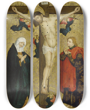 Triptych art skateboard deck of Master Of The Middle Rhine The Crucifixion With Mary And Saint John The Evangelist by Master Of The Middle Rhine (1470-1480)