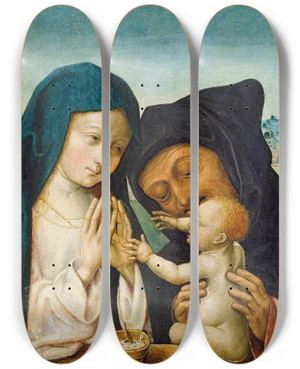 Triptych art skateboard deck of Master Of The Saint Bartholomew Altarpiece The Holy Family by Master Of The Saint Bartholomew Altarpiece (1475-1510)