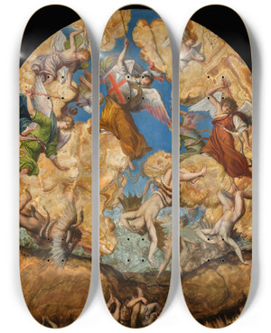 Triptych art skateboard deck of Orazio Gentileschi The Fall Of The Rebel Angels by Orazio Gentileschi (1563-1639)