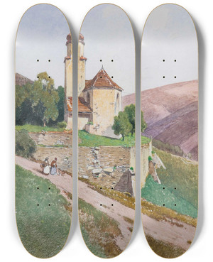 Triptych art skateboard deck of Ferdinand Brunner Hgelige Sommerlandschaft Mit Kapelle Und Personenstaffage by Ferdinand Brunner (1870-1945)