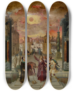 Triptych art skateboard deck of Antoine Caron Dionysius The Areopagite Converting The Pagan Philosophers by Antoine Caron (1521-1599)