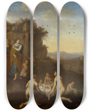 Triptych art skateboard deck of Johan Van Haensbergen The Finding Of Moses by Johan Van Haensbergen (1642-1705)