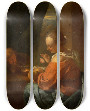 Triptych art skateboard deck of Godfried Schalcken The Holy Family by Godfried Schalcken (1643-1706)