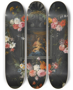 Triptych art skateboard deck of Jan Brueghel The Younger A Garland Of Flowers Surrounding The Virgin And Child by Jan Brueghel the Younger (1601-1678)