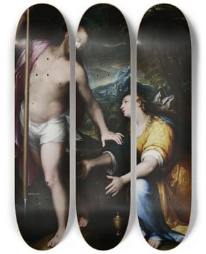 Triptych art skateboard deck of Denys Calvaert Noli Me Tangere Resurrected Christ Appearing To Mary Magdalene John 201417 by Denys Calvaert (1540-1619)