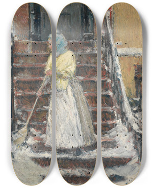 Triptych art skateboard deck of Childe Hassam Sweeping Snow by Childe Hassam (1859-1935)