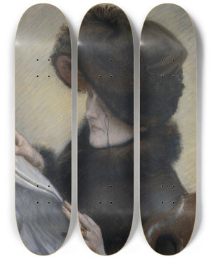 Triptych art skateboard deck of James Tissot La Liseuse by James Tissot (1836-1902)