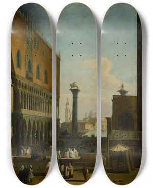 Triptych art skateboard deck of Johann Richter Venice A View Of The Piazzetta And The Isola San Giorgio by Johann Richter (1665-1745)