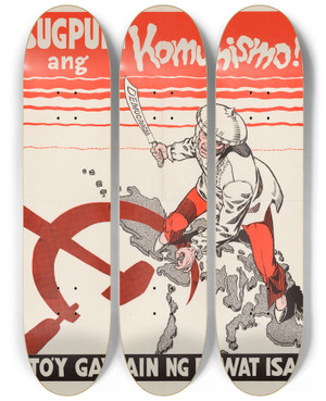 Triptych art skateboard deck of Us Information Agency Stop Communism_1 by U S Information Agency (1953-1999)