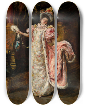 Triptych art skateboard deck of Eduardo Leon Garrido Arriving At The Opera by Eduardo Leon Garrido (1856-1906)