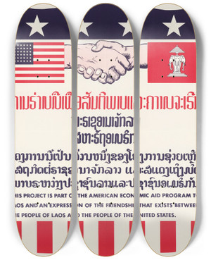 Triptych art skateboard deck of Us Information Agency American Aid Program Poster No 1 by U S Information Agency (1953-1999)