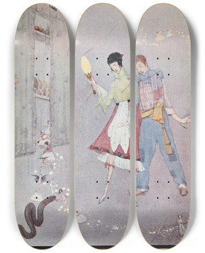 Triptych art skateboard deck of Harry Clarke A Long Black Pudding Came Winding And Wriggling Towards Her by Harry Clarke (1889-1931)