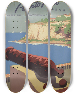 Triptych art skateboard deck of Frank S Nicholson Discover Puerto Rico Usa Where The Americas Meet_2 by Frank S Nicholson (20-)
