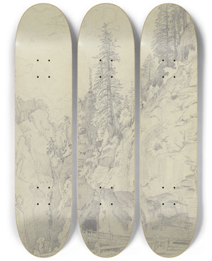 Triptych art skateboard deck of Johann Wilhelm Schirmer The Via Mala by Johann Wilhelm Schirmer (1807-1863)