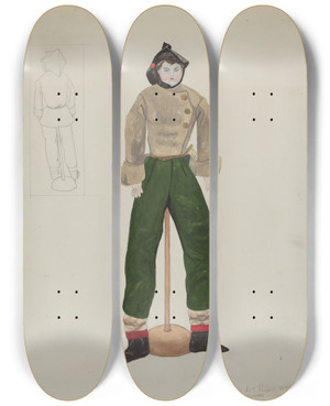 Triptych art skateboard deck of Mary E Humes Doll And Costume_2 by Mary E Humes (20-)
