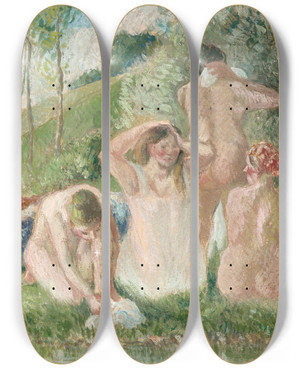 Triptych art skateboard deck of Camille Pissarro Groupe De Baigneuses by Camille Pissarro (1830-1903)